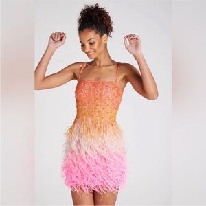 Nadine Merabi Cassie Sunset Mini Dress - Elegant Orange and Pink Feathered Dress